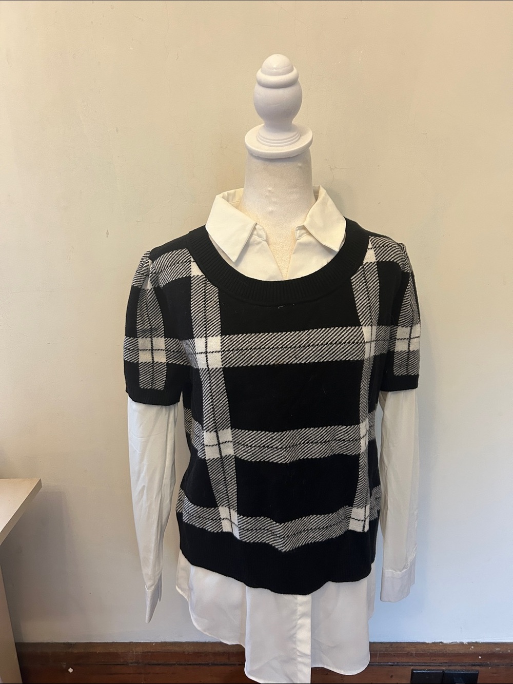 Rachel Zoe Black & White Plaid Layered Sweater Top  Size M EUC